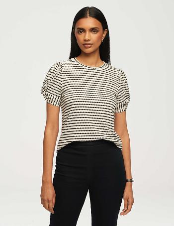 Anne Klein Arabesque Jacquard Twisted Puff Sleeve Top Tops White / Black | DAUKV49544