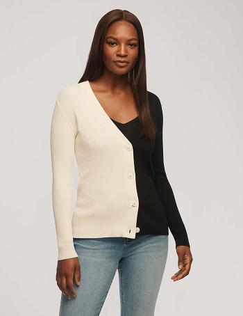 Anne Klein Half/Half Rib Cardigan Sweaters Black / White | GAUEC66512