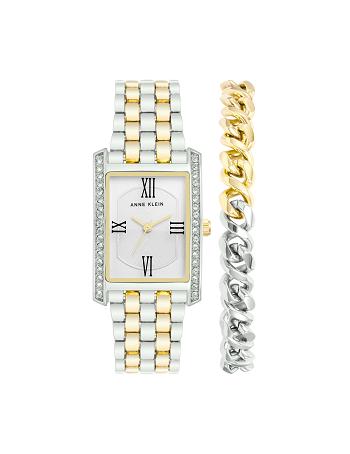 Anne Klein Rectangular Crystal Accented Watch Set with Chain Bracelet Metals Silver / Gold | LAUSX63259