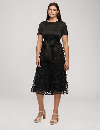 Anne Klein Tie Waist Combo Midi Dress Black | AUXMI97005